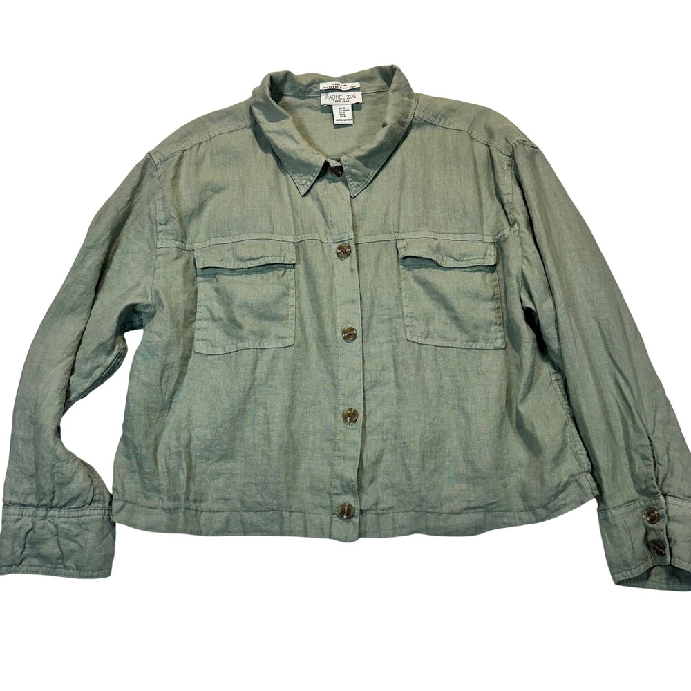 Rachel Zoe Womens XL Sage Green 100% Linen Button Down Cropped Shacket Shirt